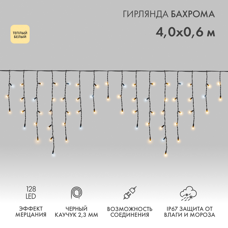NEON-NIGHT Гирлянда светодиодная Бахрома (Айсикл), 4,0х0,6м, 128 LED ТЕПЛЫЙ БЕЛЫЙ, черный КАУЧУК 2,3мм, IP67, эффект мерцания, 230В (нужен шнур питани фото