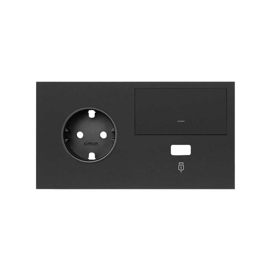 Simon 100 Черный матовый Кит 2 поста, фронт. Накладка на 1 розетку Schuko (слева) + 1 з/у USB SC + 1 клавиша выключателя фото