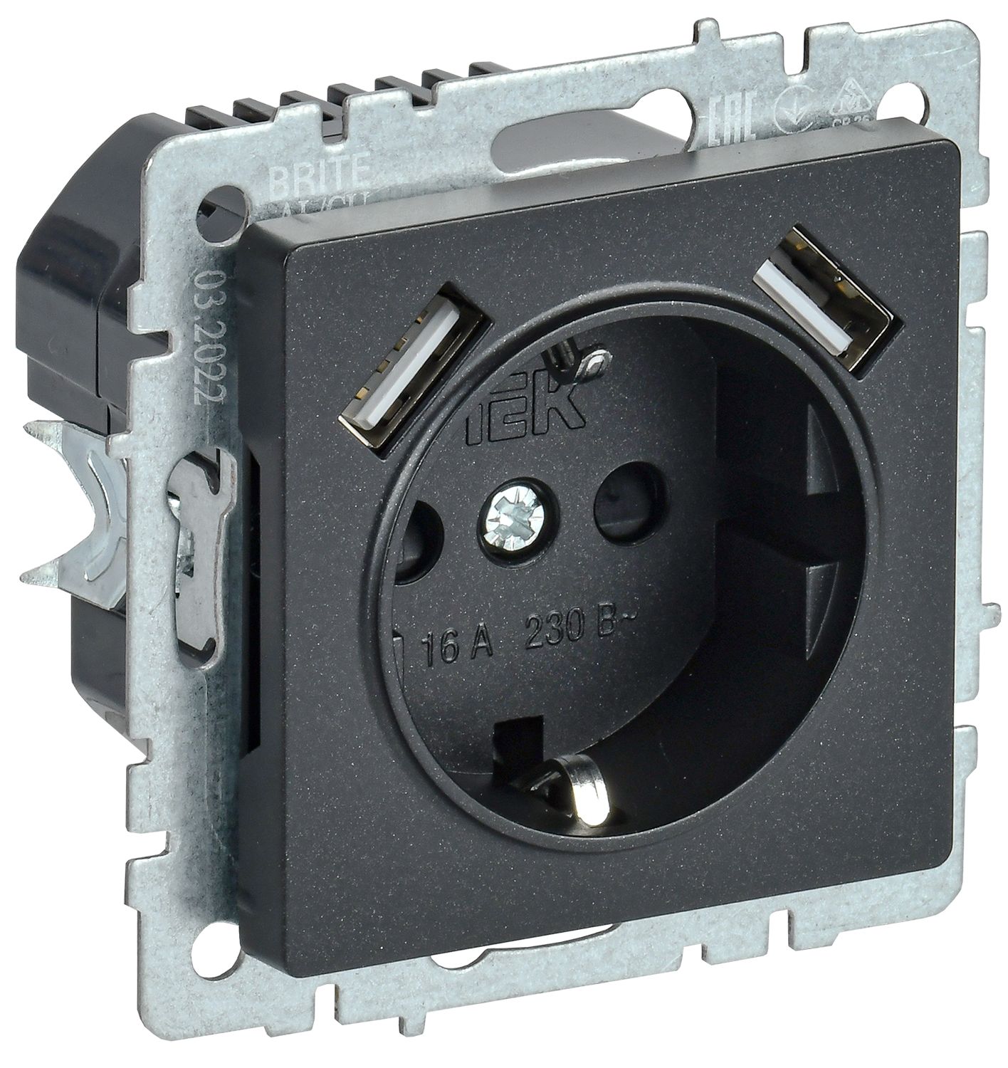 IEK BRITE BASE Черный Розетка с з/к/ш 16А с USB A+A 3,1А РЮш10-2-БрЧ фото