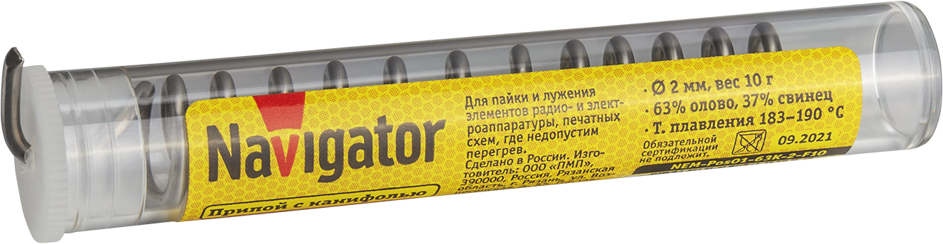 Припой Navigator NEM-Pos01-63K-2-F10 (ПОС-63, колба, 2 мм, 10 гр) (600/50/1)