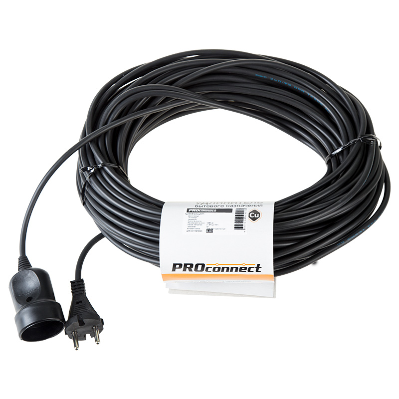 PROconnect Удлинитель-шнур ПВС 2х0.75, 30 м, б/з, 6 А, 1300 Вт, IP20, черный (Сделано в России) фото