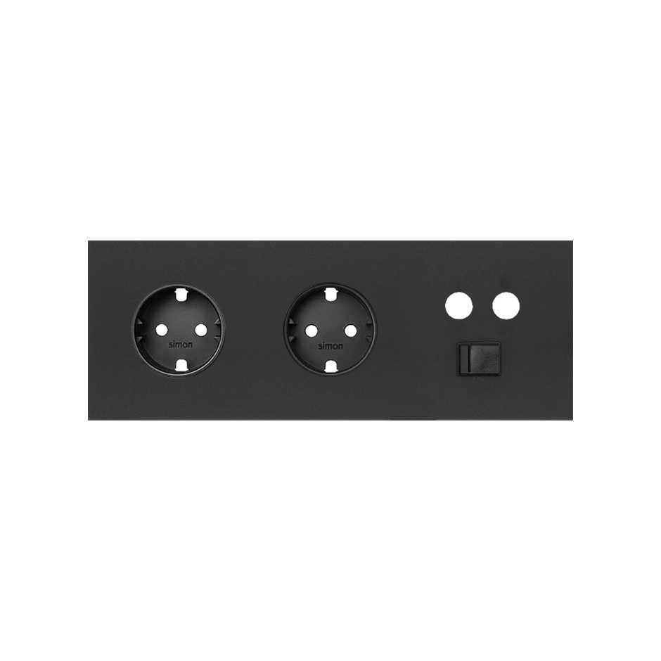 Simon 100 Черный матовый Кит 3 поста, фронт. Накладка на 2 розетки Schuko + 1 розетку TV + 1 розетку RJ45 фото