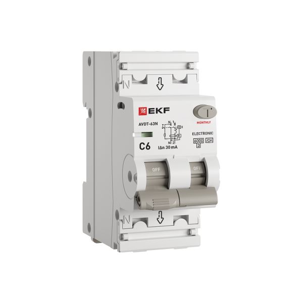 EKF Автоматический выключатель дифференциального тока АВДТ-63N 1P+N 6А характеристика C 30мА тип A электронный 6кА PROXIMA фото