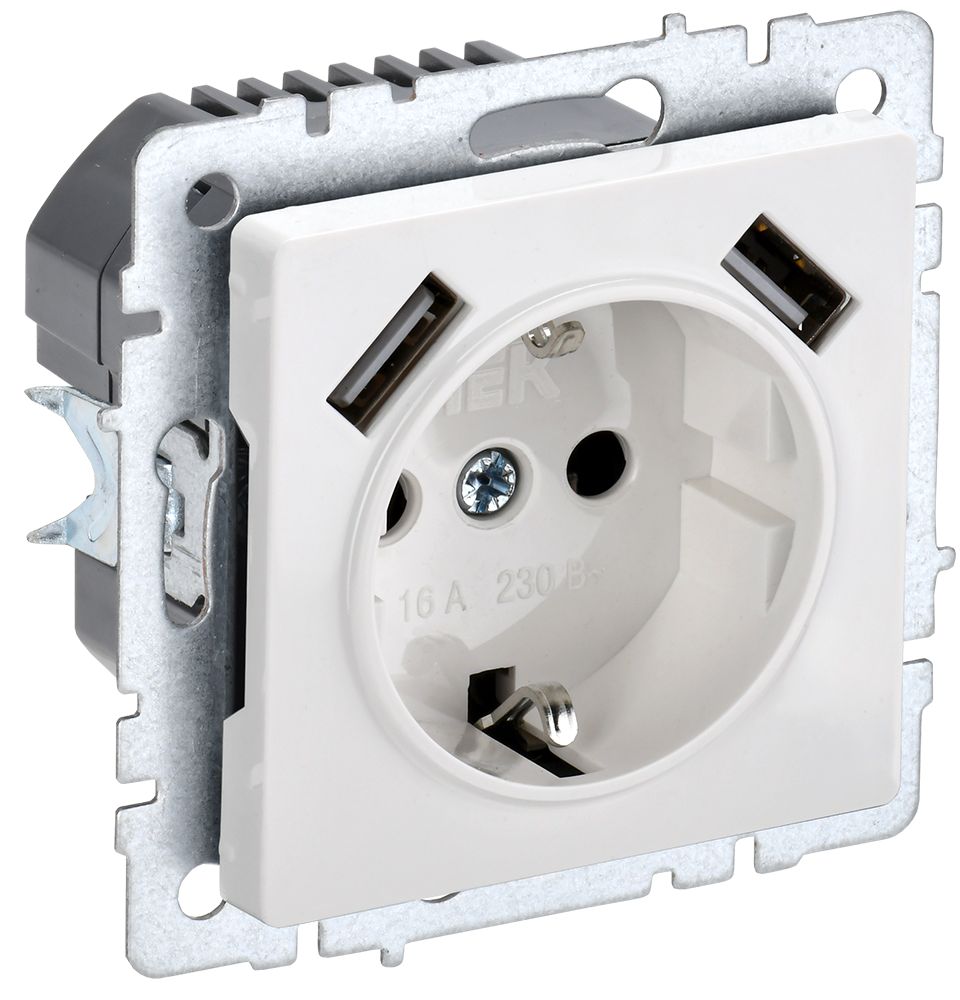 IEK BRITE BASE Белый Розетка с з/к/ш 16А с USB A+A 3,1А РЮш10-2-БрБ фото