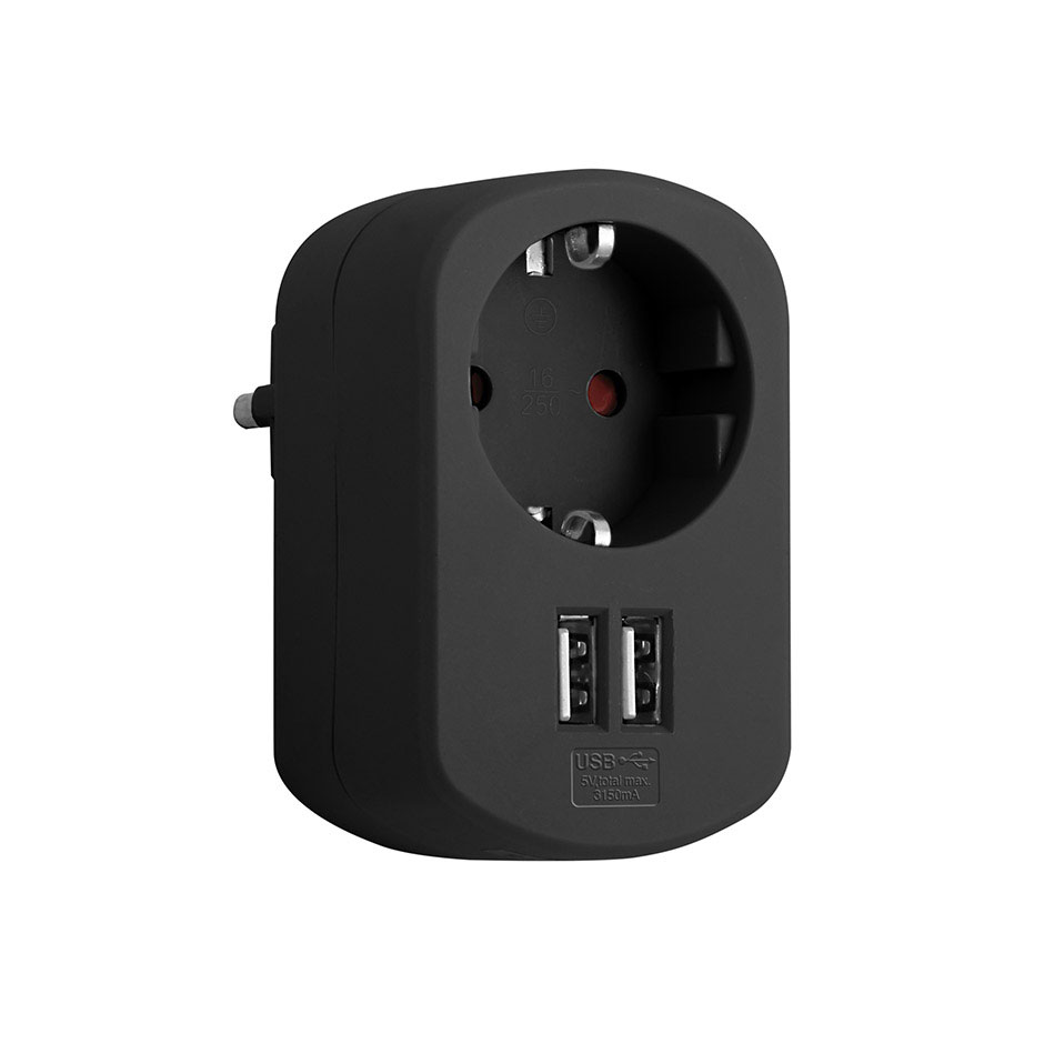 Simon Brico Черный Адаптер Schuko + 2хUSB 3,15А фото