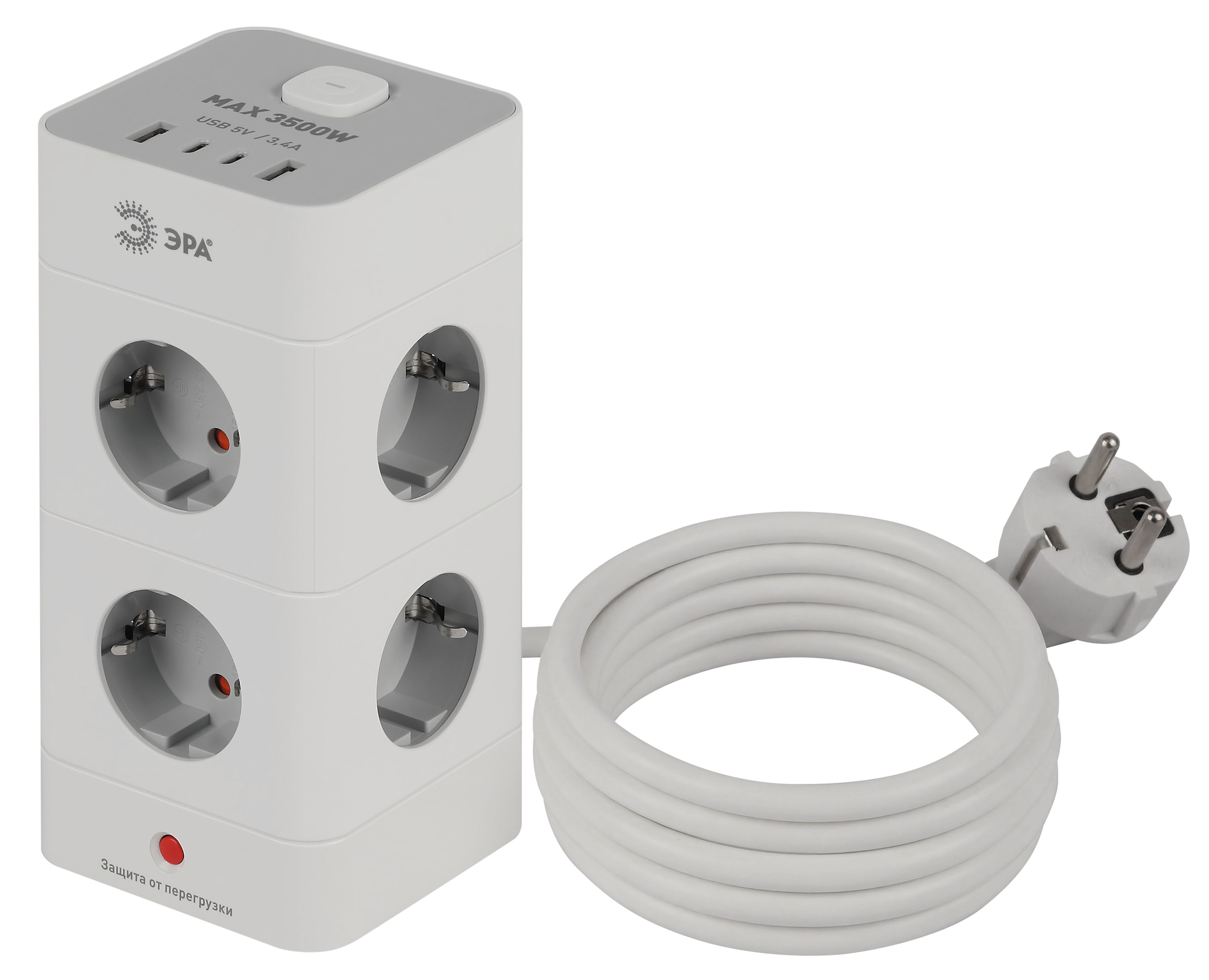 Сетевой фильтр ЭРА TWR-8es-1,5m-4USB-W башня с защитой заземлением с выключателем 8 розеток+4xUSBA+C 1,5м 16А белый фото