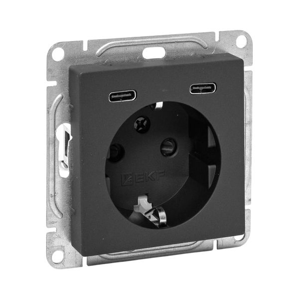 EKF Механизм розетки с USB-C - 2шт, 16А, с заземлением, со шторками, чёрный Эпика фото