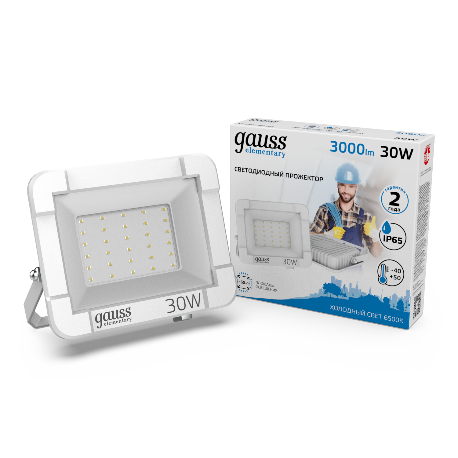 Gauss Прожектор Elementary 30W 2700lm 6500K 200-240V IP65 белый LED фото