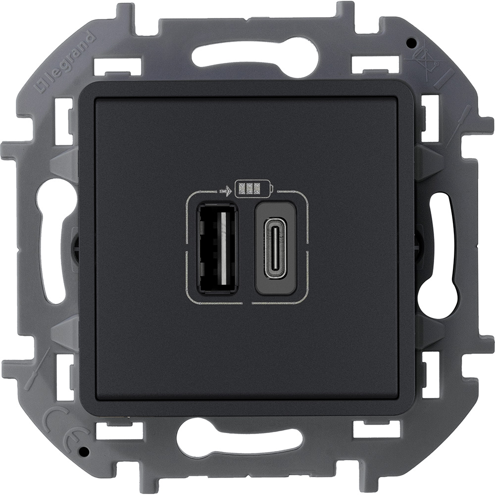 Legrand/Daccord INSPIRIA Антрацит Зарядное устройство с двумя USB-разьемами A-C 240В/5В 3000мА. фото