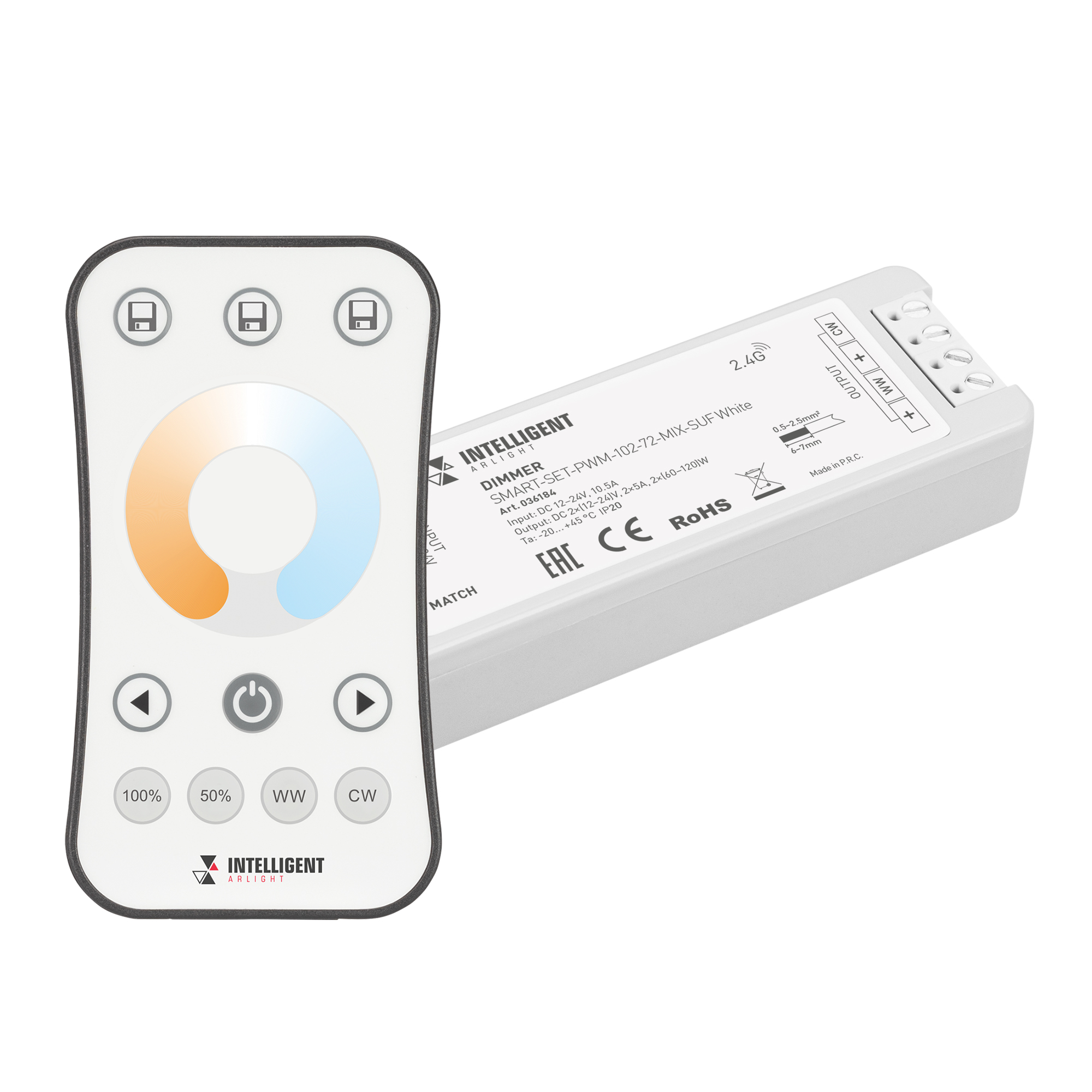 Arlight INTELLIGENT ARLIGHT Диммер SMART-SET-PWM-102-72-MIX-SUF White (12-24V, 2x5A, ПДУ RING 10кн, 2.4G) (IARL, IP20 Пластик, 5 лет) фото