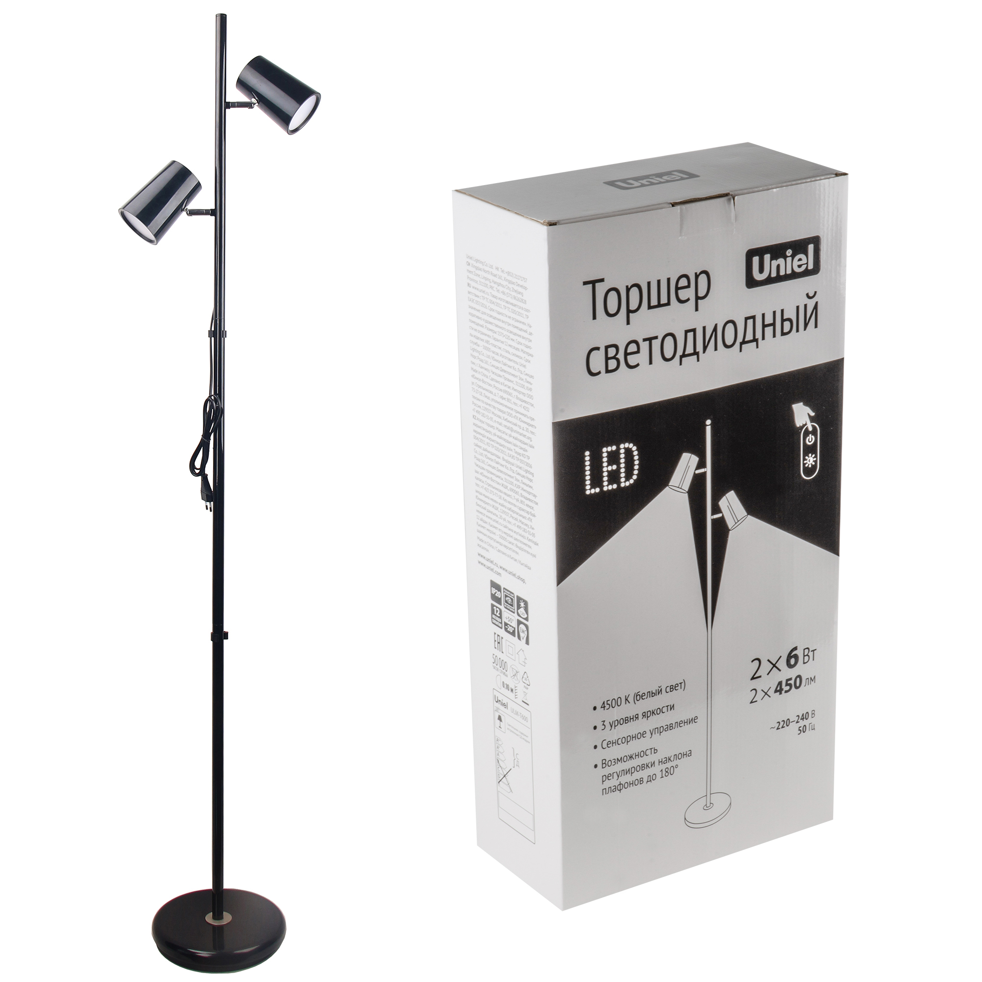Uniel ULM-T600 2х6W/4500K/DIM BLACK Торшер напольный светодиодный, 2х6W. Сенсорный выключатель. Диммер. Черный. ТМ фото