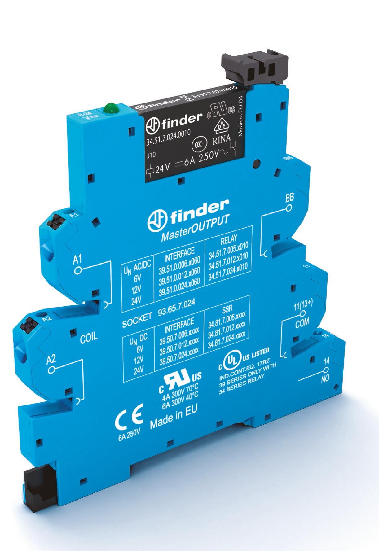 Finder Интерфейсный модуль, электромеханическое реле, серия MasterOUTPUT; 1NO 6A; питание 24В AC/DC; категория защиты IP20; безвинтовые клеммы 