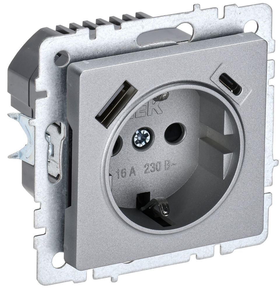IEK BRITE BASE Алюминий Розетка с з/к/ш 16А с USB A+C 18Вт РЮш11-1-БрА фото