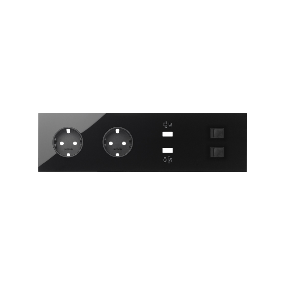 Simon 100 Черный глянец Кит 4 поста, фронт. Накладка на 2 розетки Schuko + 2 з/у USB SC + 2 розетки RJ45 фото