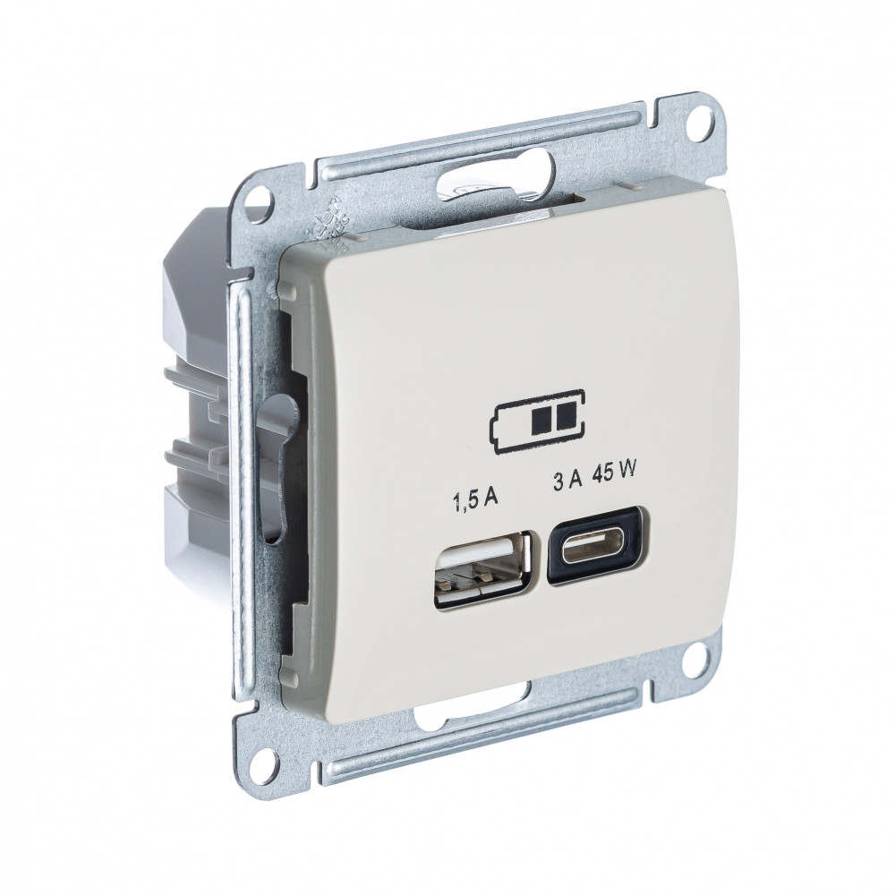 Systeme Electric Glossa Молочный USB Розетка A + тип-C 45W высокоскор.заряд. QC, PD, мех. фото