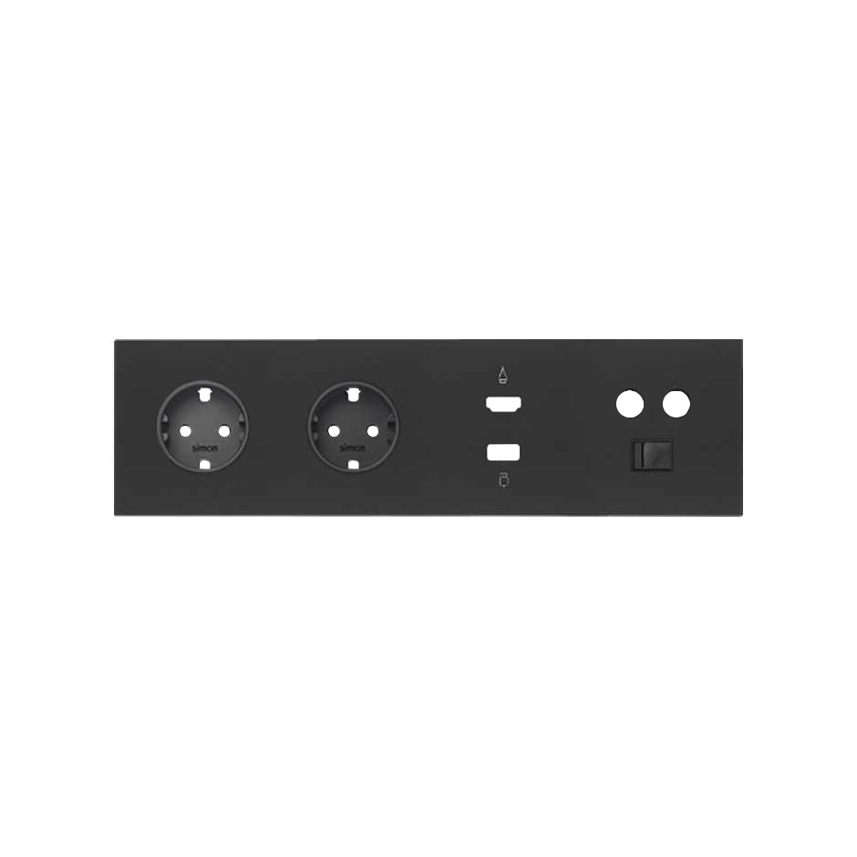 Simon 100 Черный матовый Кит 4 поста, фронт. Накладка на 2 розетки Schuko + 1 розетку TV+SAT + 1 розетку RJ45 + 1 розетку HDMI + 1 розетку USB фото