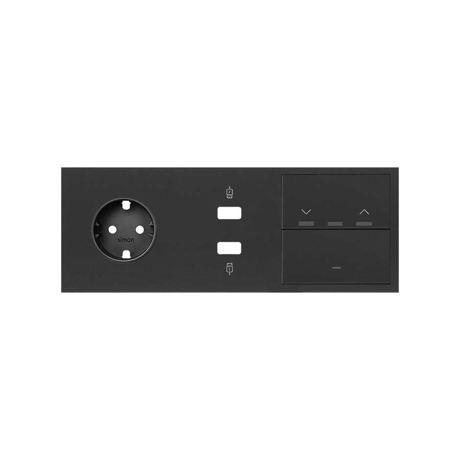 Simon 100 Черный матовый Кит 3 поста, фронт. Накладка на 1 розетку Schuko + 1 з/у 2xUSB + 1 клавиша выключателя + 1 клавиша жалюзи фото