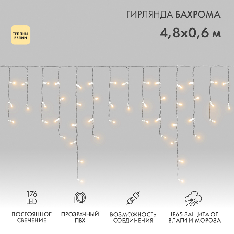 NEON-NIGHT Гирлянда Айсикл (бахрома) светодиодный, 4,8 х 0,6 м, прозрачный провод, диоды ТЕПЛЫЙ БЕЛЫЙ, 176 LED фото