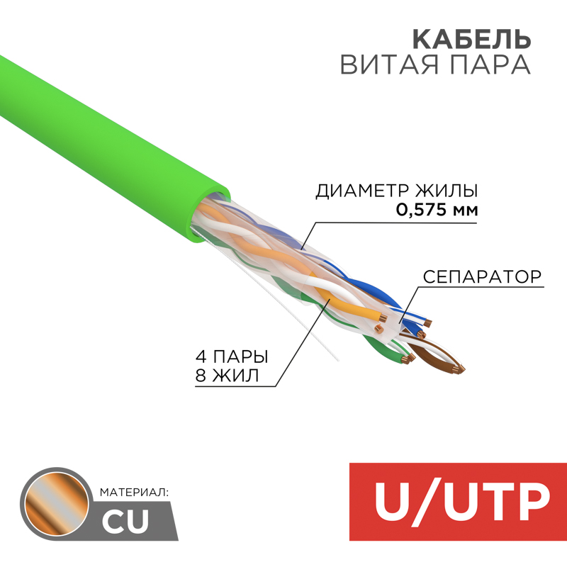 REXANT Кабель витая пара U/UTP, CAT 6, нг(А)-LSLTx, 4х2х0,575мм, 23AWG, INDOOR, SOLID, зеленый, 305м. фото