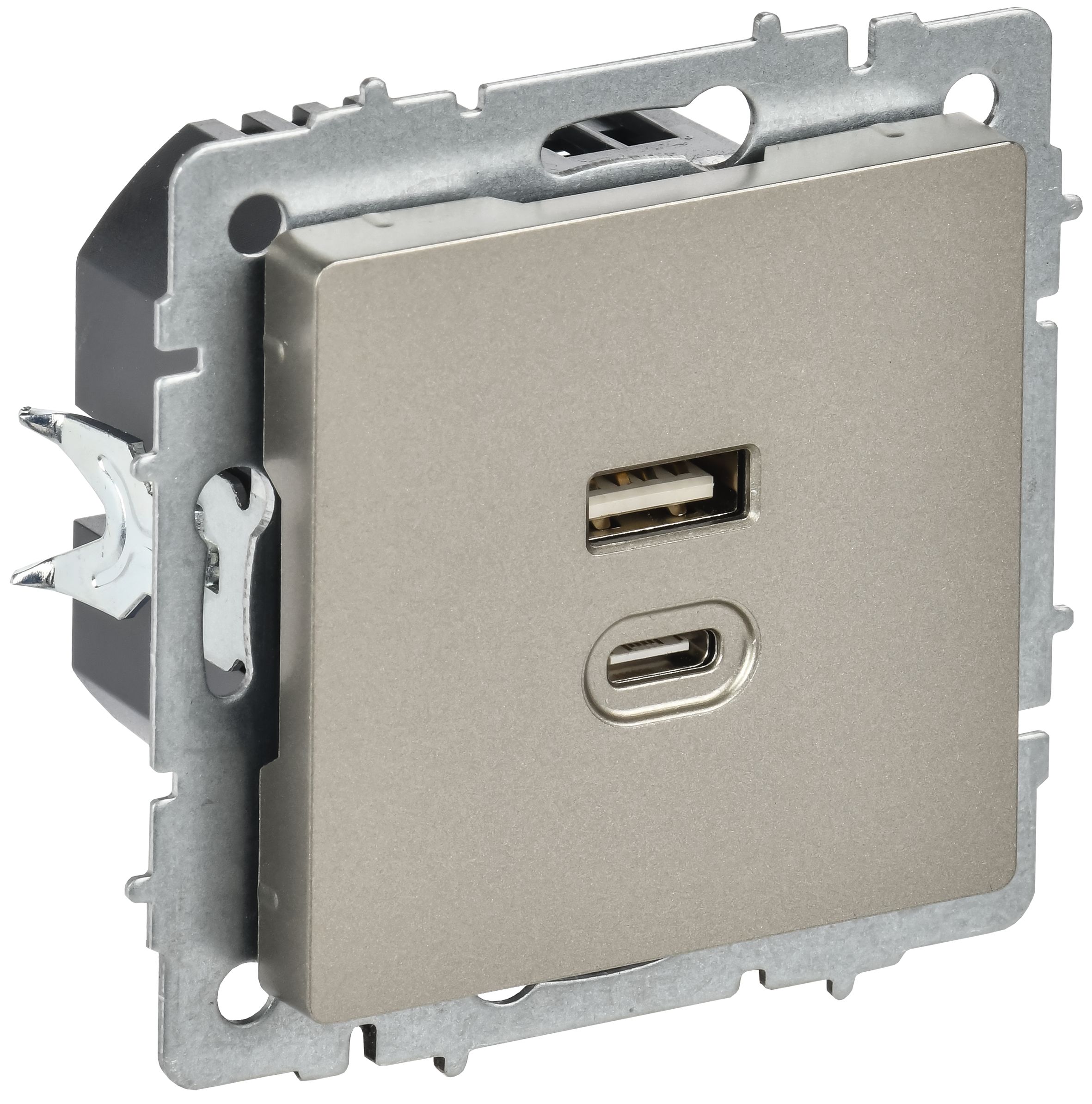 IEK BRITE Роз. USB A+C 45Вт высокоск. зар. РЮ11-2-БрШ шамп. фото