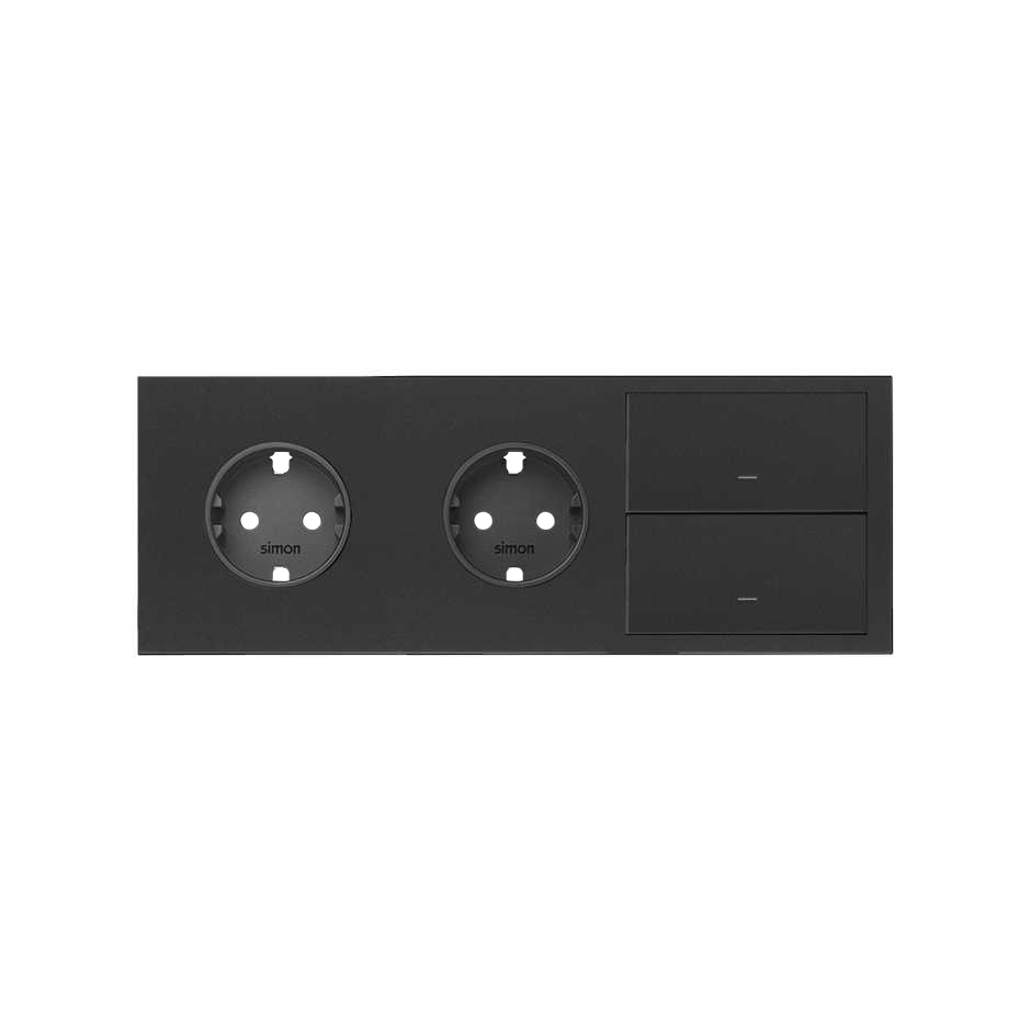 Simon 100 Черный матовый Кит 3 поста, фронт. Накладка на 2 розетки Schuko + 2 клавиши выключателей фото