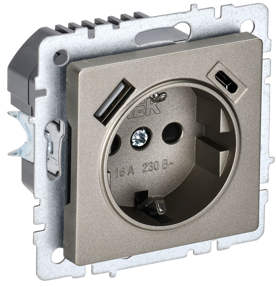 IEK BRITE BASE Шампань Розетка с з/к/ш 16А с USB A+C 18Вт РЮш11-1-БрШ фото