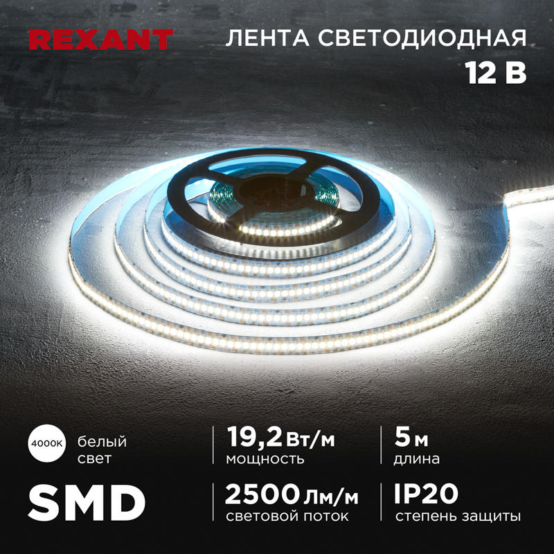 REXANT Лента светодиодная 12В, SMD2835, 19,2Вт/м, 240 LED/м, 4000K, 10мм, 5м,IP20. фото