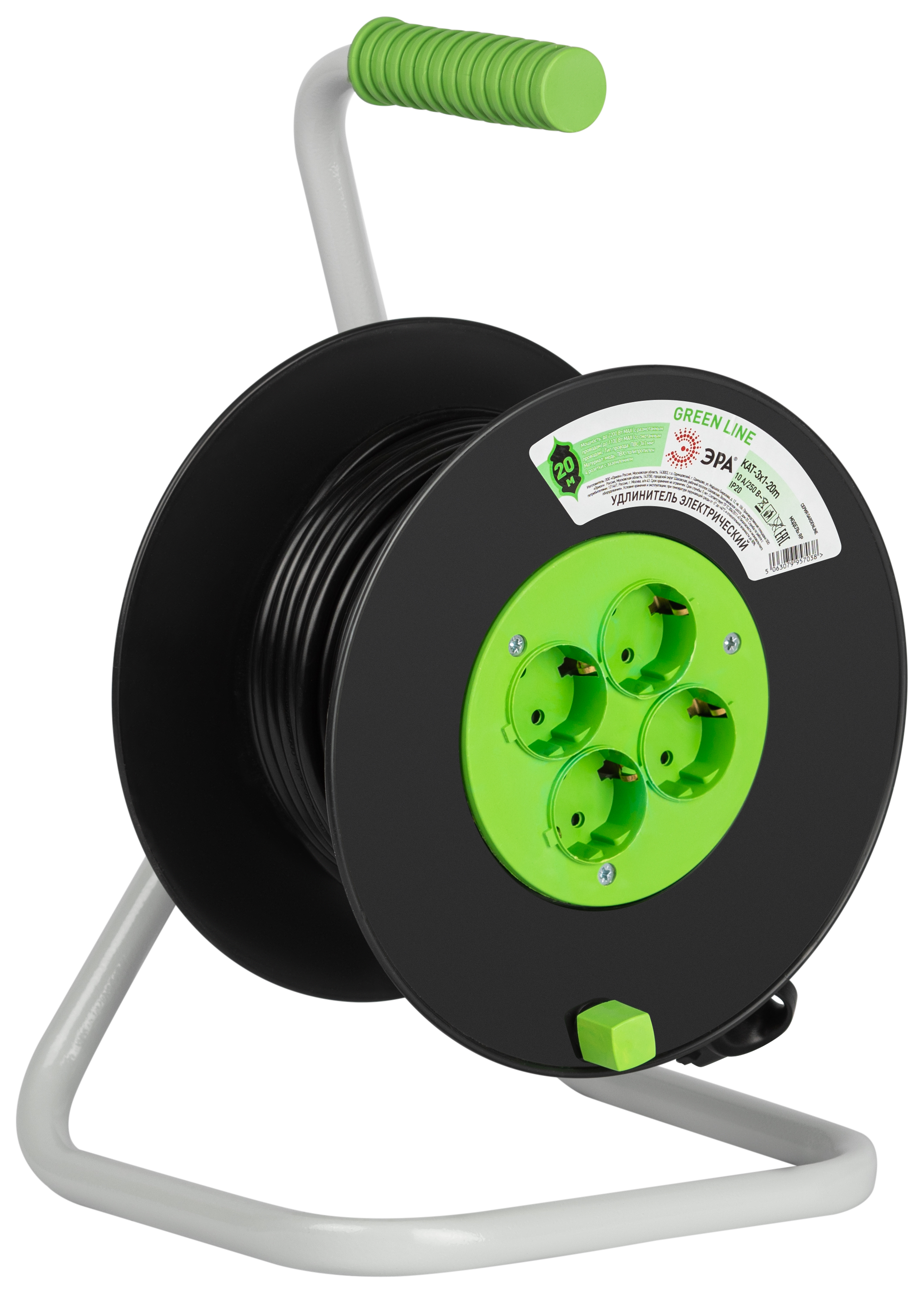 ЭРА Удлинитель силовой GREEN LINE KAT-3x1-20m Greenline на катушке пластик 4 розетки с заземлением 20м ПВС 3x1мм2 фото