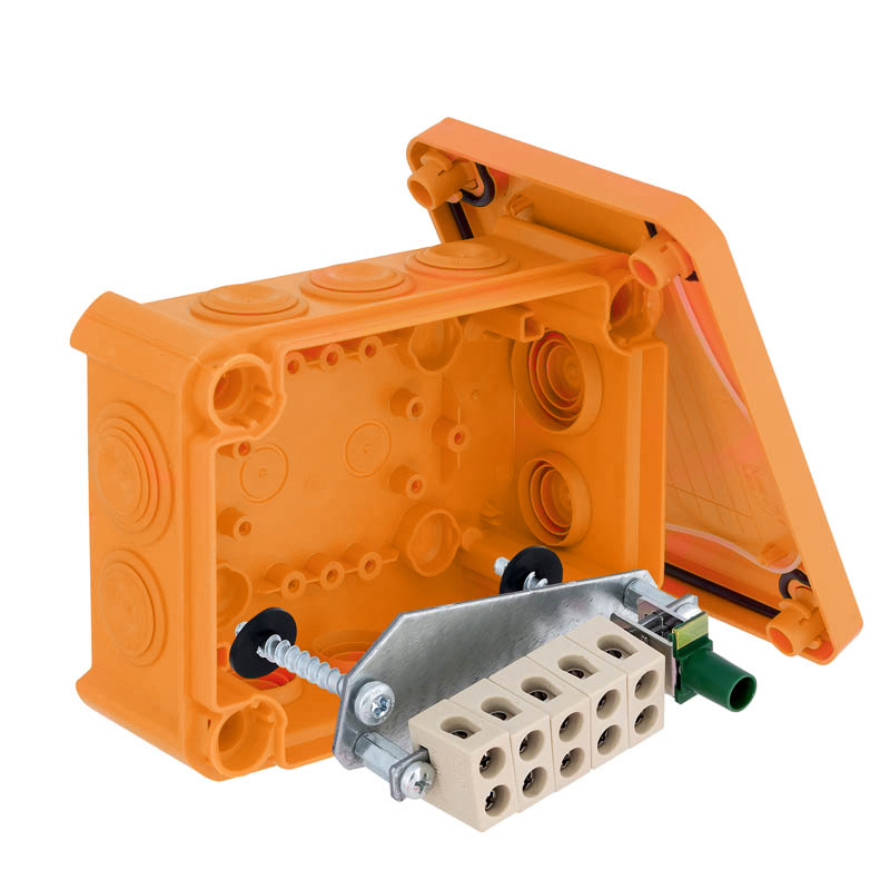 OBO Bettermann Коробка огнестойкая FireBox T100, 136х102х57 мм, внешний размер 150x116x67 мм, IP66, 5+1 клемма, 10 мм², вводы d25x8, d32x2, внутреннее фото