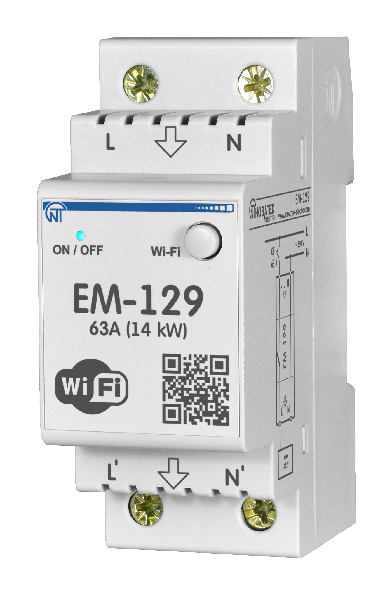 Новатек-Электро Wi-Fi многофункциональный таймерP, DIN с реле напряжения ограничением мощности и тока, счетчиком электроэнергии ЕМ-129,63А, 220В, 2P, фото