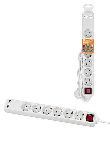 TDM Удлинитель бытовой  У06В-USB 6 гнезд, 2USB 2,4А, 3 м, вык., з/к, ПВС 3х0,75мм2 10А/250В белый фото