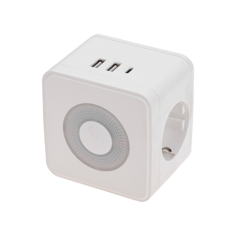 REXANT Двойник электрический Куб 16А с/з, 2 разъема USB-A 2,4А, 1 разъем USB-C 3А, с ночной подсветкой, белый фото