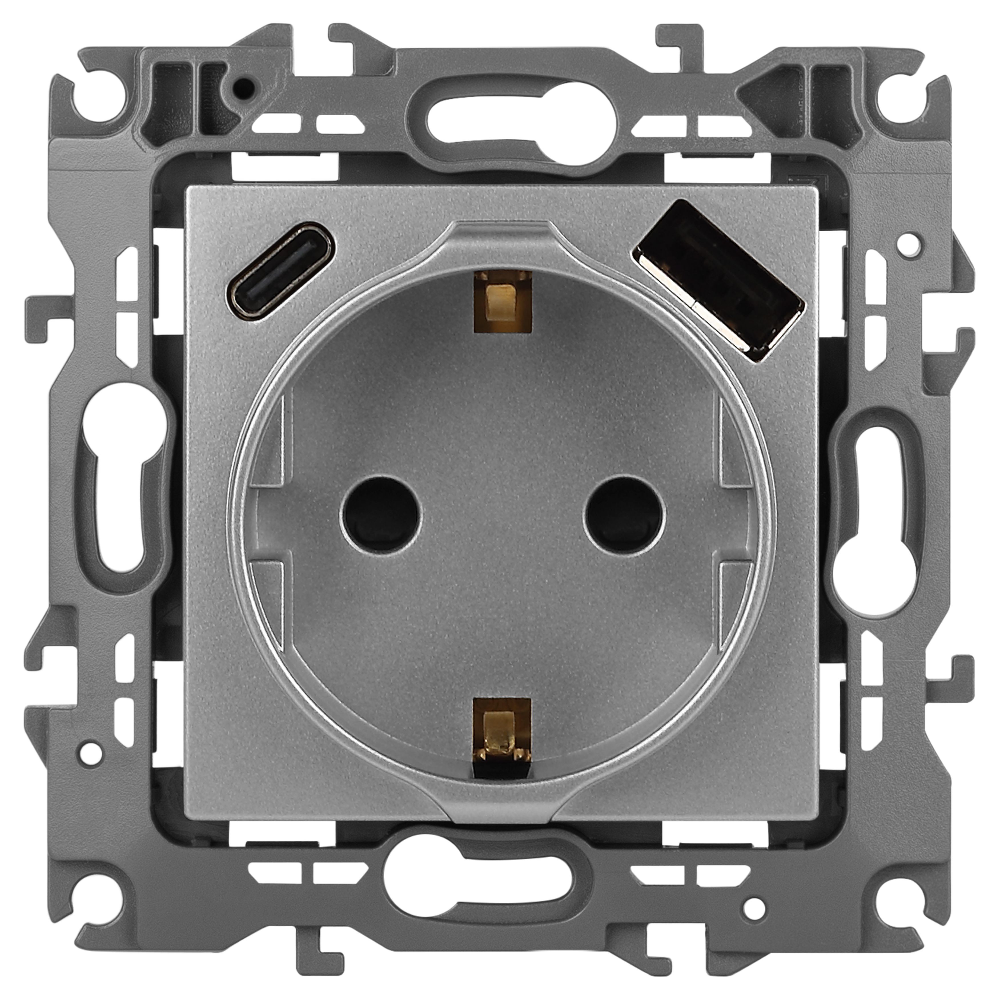 ЭРА Розетка Серия 12 12-4108-03 2P+E 16A-250В со шторками с USB type-A+C 5В-3А алюминий фото