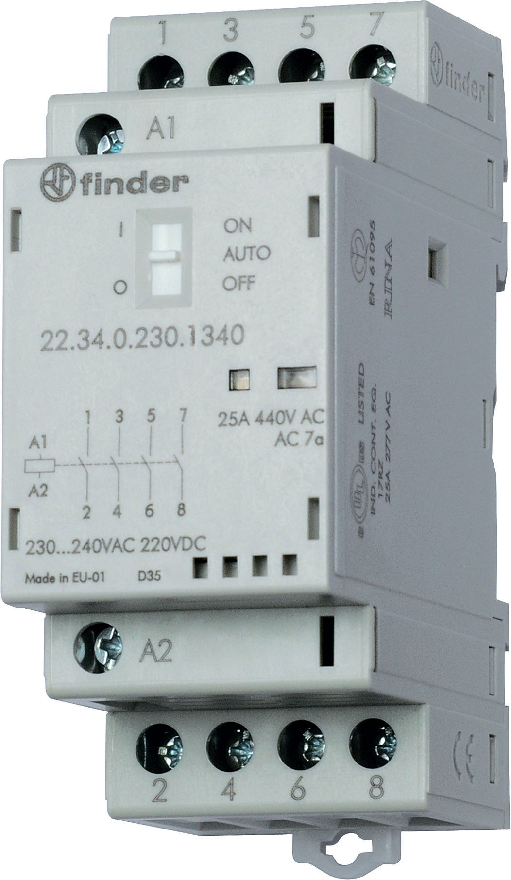 Finder Модульный контактор; 4NO 25А; контакты AgNi; катушка 24В АС/DC; ширина 35мм; степень защиты IP20; опции: мех.индикатор + LED фото