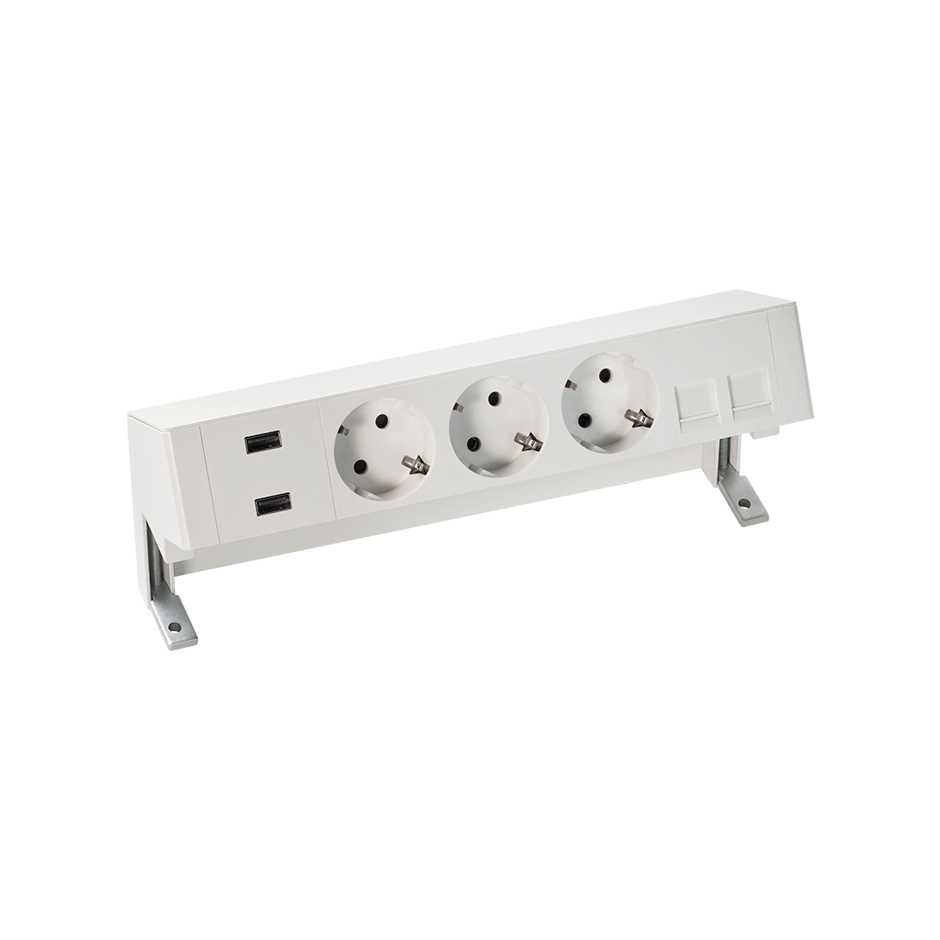 Simon 400 Белый Настольный розеточный блок, 3x2P+E, 2xUSB зарядное уст., адаптер для 2хRJ45, моноблок фото