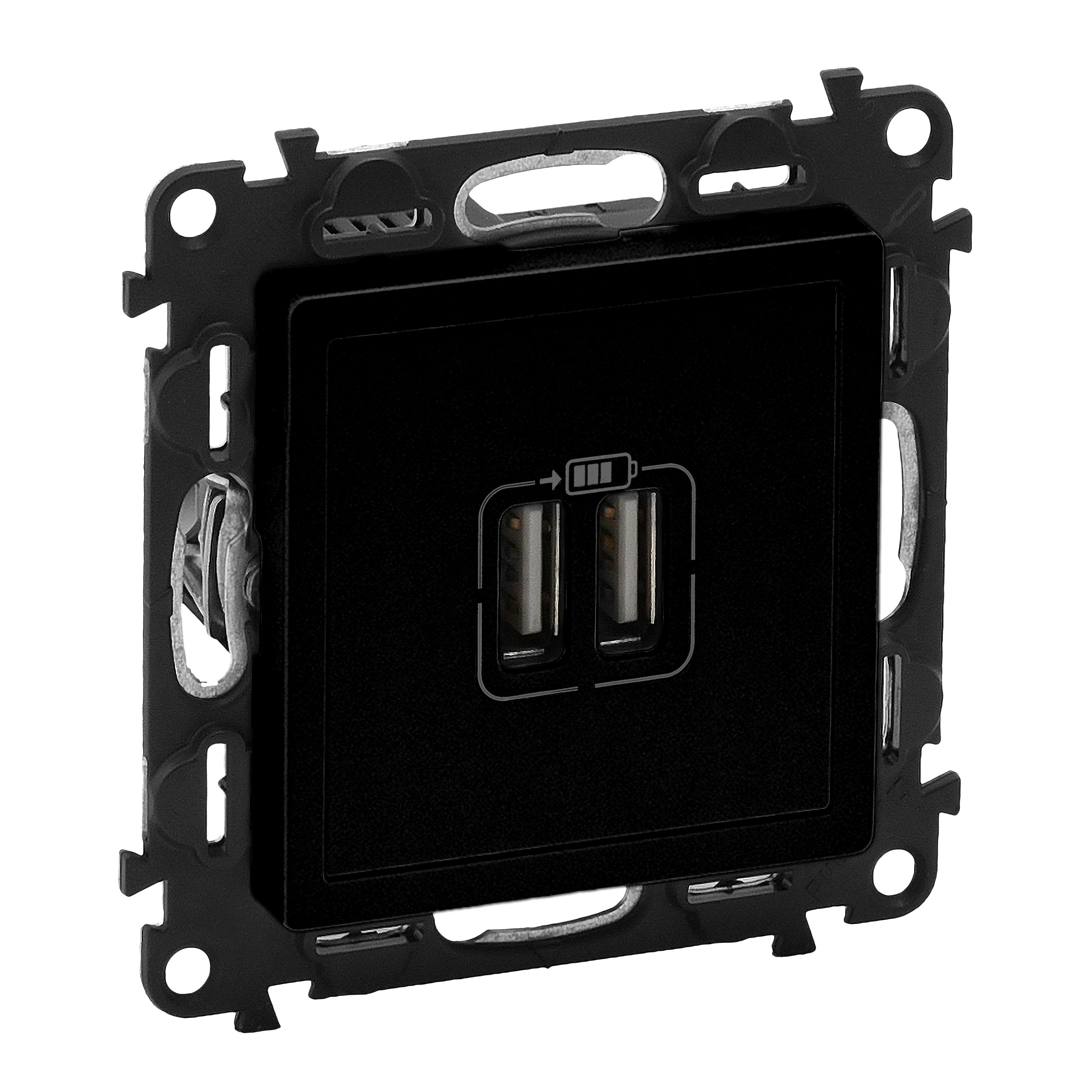 Legrand Valena LIFE Black. Зарядное устройство с двумя USB-разьемами 240В/5В 1500мА. С лицевой панелью. Антрацит.. фото