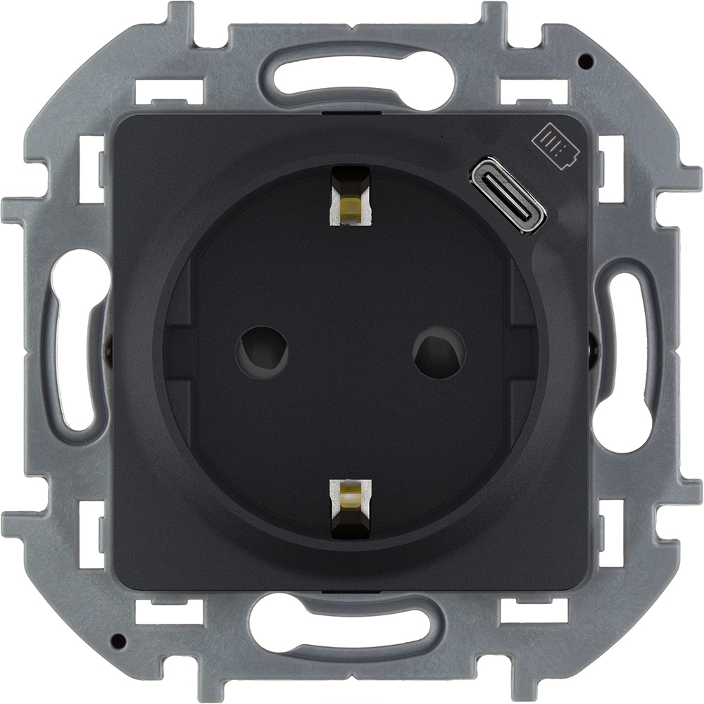 Legrand/Daccord INSPIRIA Антрацит Розетка 2К+З немецкий стандарт 16А 250В со встроенным зарядным устройством USB C 1.5А 5В. фото