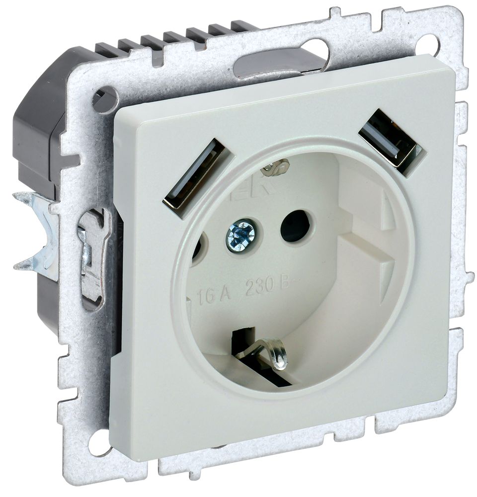 IEK BRITE BASE Жемчуг Розетка с з/к/ш 16А с USB A+A 3,1А РЮш10-2-БрЖ фото