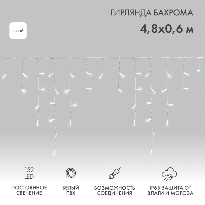 NEON-NIGHT Гирлянда Айсикл (бахрома) светодиодный, 4,8 х 0,6 м, белый провод, 230 В, диоды белые, 152 LED фото
